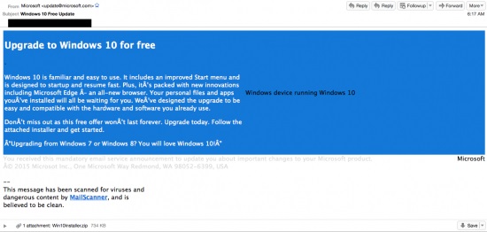 ระวัง ! อีเมลหลอกให้โหลดไฟล์อัพเกรด Windows 10