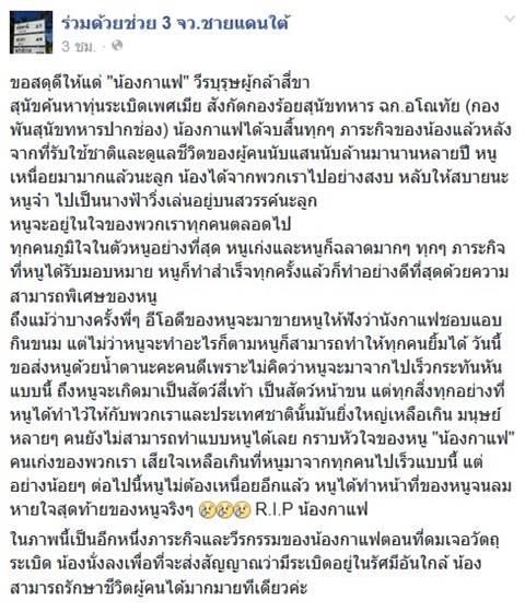 เศร้า..น้องกาแฟ สุนัขผู้กล้ารับใช้ชาติ ค้นหาทุ่นระเบิด ตายแล้ว เศร้า..น้องกาแฟ สุนัขผู้กล้ารับใช้ชาติ ค้นหาทุ่นระเบิด ตายแล้ว