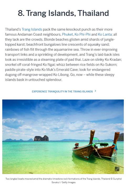 หมู่เกาะตรังสวยสะกดใจ ติดอันดับ 8 ที่เที่ยวที่ดีที่สุดของเอเชีย โดย Lonely Planet