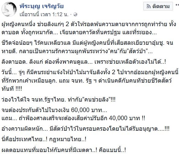 หญิงช่วยลิงพ้นจากความตาย กลับถูกแจ้งจับ หญิงช่วยลิงพ้นจากความตาย กลับถูกแจ้งจับ