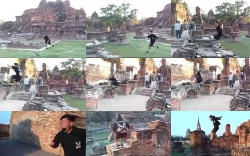 วัยรุ่นวิ่งฟรีรันนิ่งในโบราณสถานอยุธยา วัยรุ่นวิ่งฟรีรันนิ่งในโบราณสถานอยุธยา