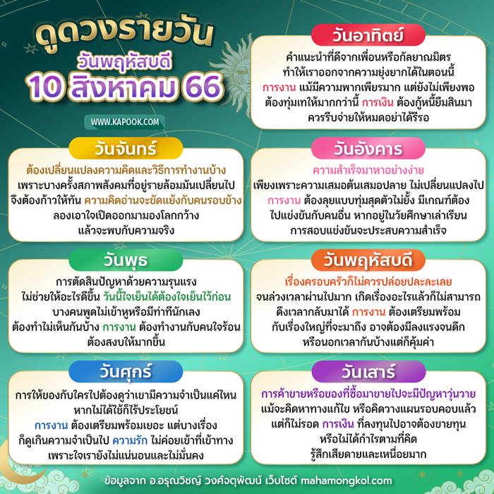 ดูดวงรายวัน วันที่ 10 สิงหาคม 2566 ดูดวงรายวัน วันที่ 10 สิงหาคม 2566