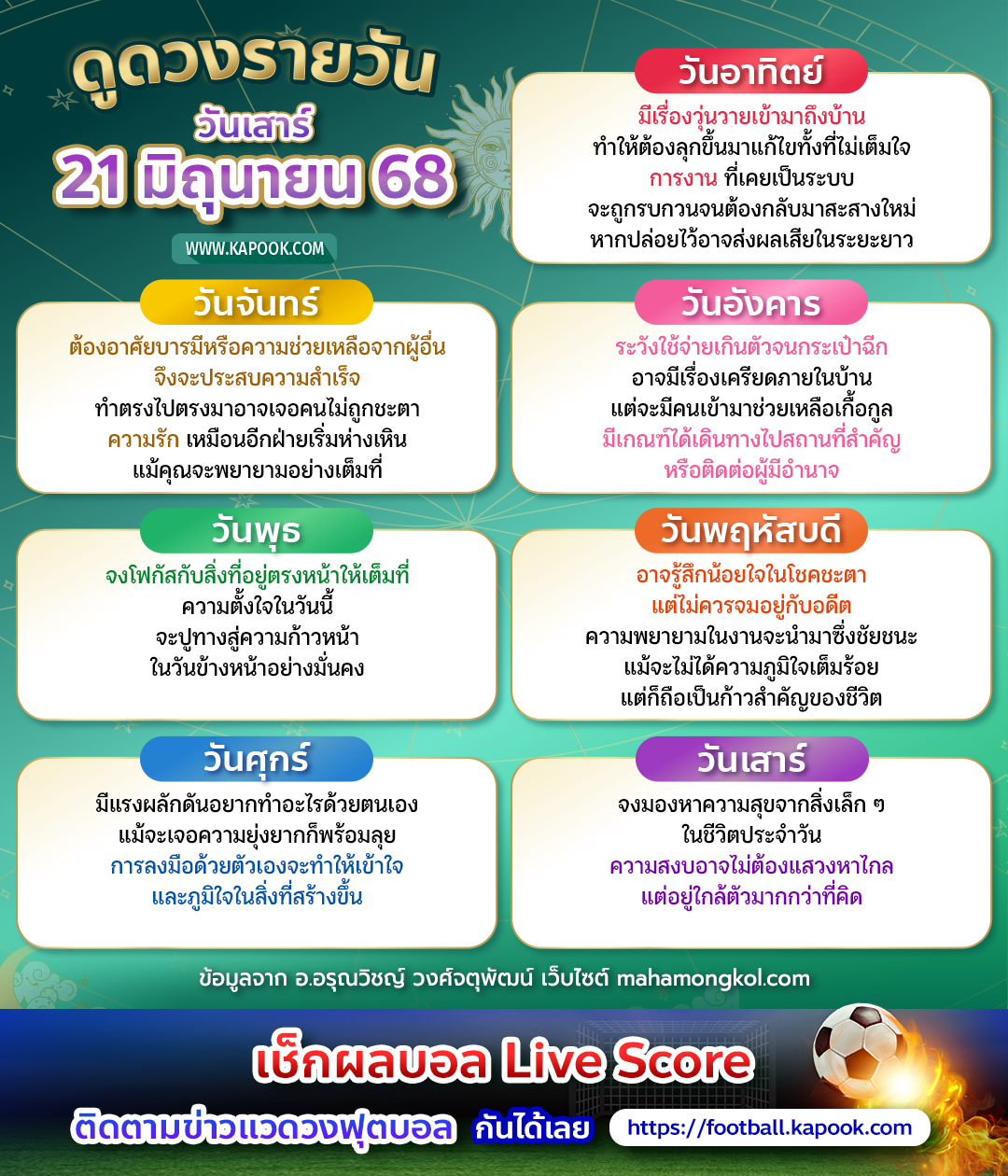 ดวงวันนี้ 21 มิถุนายน 2568 ดวงวันนี้ 21 มิถุนายน 2568
