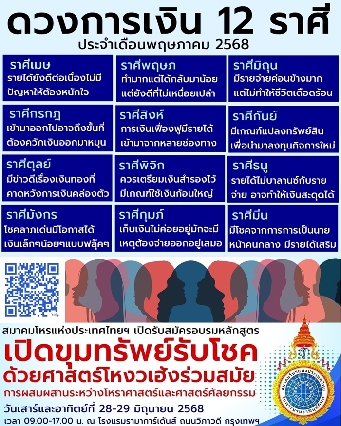 ดวงการเงินเดือนพฤษภาคม 2568 ใน 12 ราศี ดวงการเงินเดือนพฤษภาคม 2568 ใน 12 ราศี