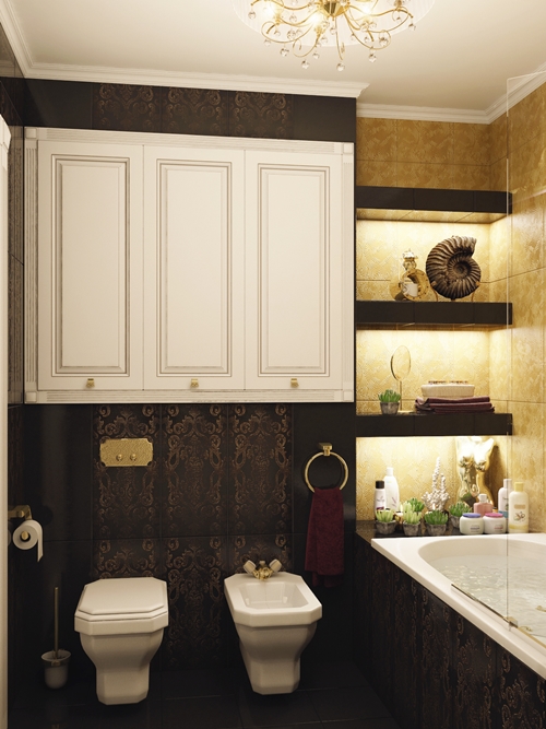 ห้องน้ำหรู สีทอง-น้ำตาล ห้องน้ำเล็ก ๆ แต่ดูแพง
