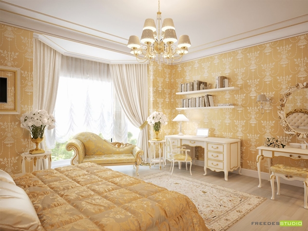 ห้องนอนสีเหลืองทอง หรูหรา ฟู่ฟ่า แบบเจ้าหญิง ห้องนอนสีเหลืองทอง หรูหรา ฟู่ฟ่า แบบเจ้าหญิง