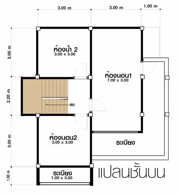 แบบบ้านสองชั้น แบบบ้านโมเดิร์น 3 ห้องนอน 2 ห้องน้ำ