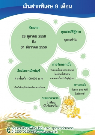 ธ.ก.ส. เปิดเงินฝากพิเศษ 9 เดือน ดอกเบี้ย 3.05% ต่อปี ธ.ก.ส. เปิดเงินฝากพิเศษ 9 เดือน ดอกเบี้ย 3.05% ต่อปี