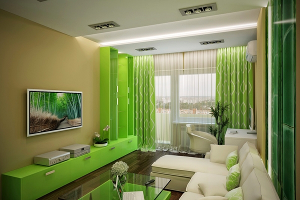ห้องนั่งเล่นคอนโดสีเขียว ใช้เป็นห้องทำงานในตัว
