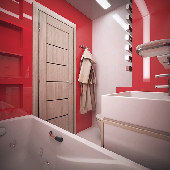 แต่งห้องน้ำขนาดเล็กสีแดง ถึงแคบก็ใช้งานได้สบาย