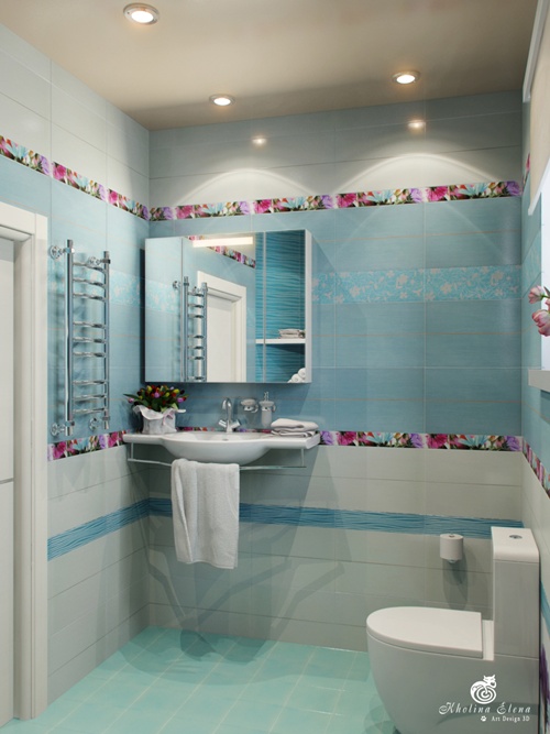 แบบห้องน้ำขนาดเล็ก ห้องน้ำสีฟ้า ลายดอกไม้