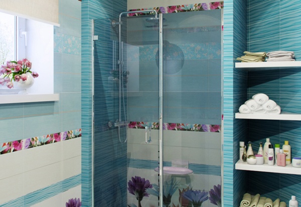 แบบห้องน้ำขนาดเล็ก ห้องน้ำสีฟ้า ลายดอกไม้