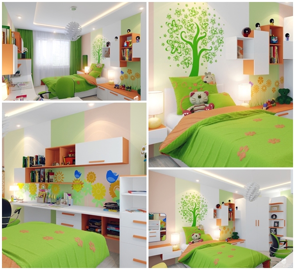 แบบห้องนอนเด็ก ห้องนอนเด็กสีเขียว-ส้ม 