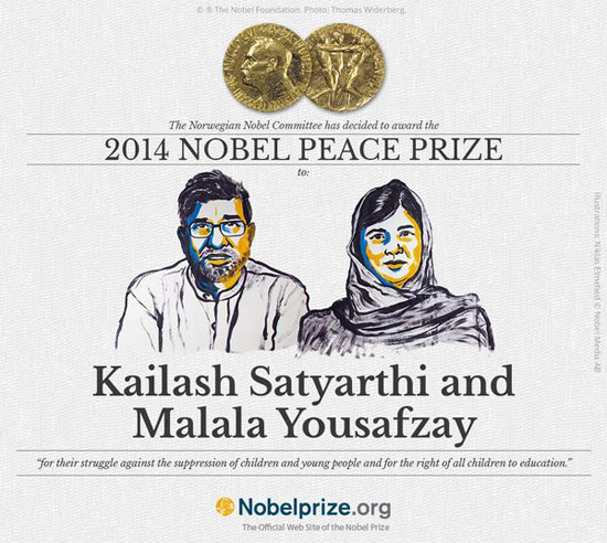 มาลาลา ยูซาฟไซ และ ไกลาศ สัตยาธี คว้ารางวัลโนเบล สาขาสันติภาพ 2014 