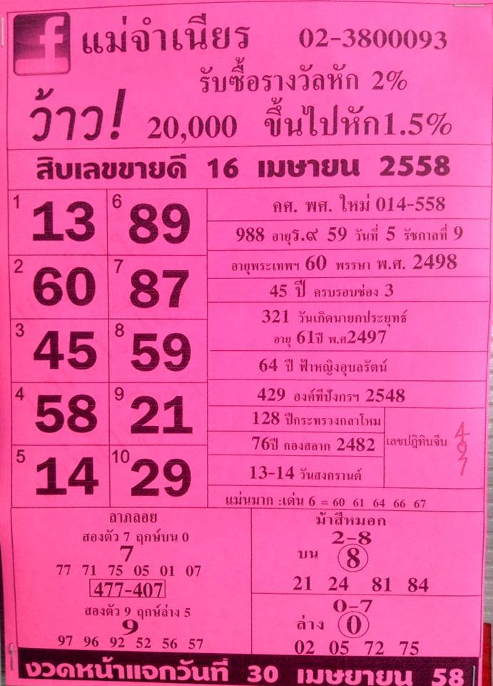 หวยแม่จำเนียร 16/04/58 หวยแม่จำเนียร 16/04/58
