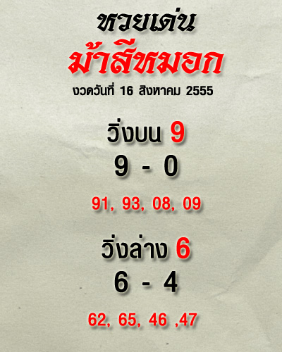เลขเด็ดงวดนี้ เลขเด็ดม้าสีหมอก 16 สิงหาคม 2555