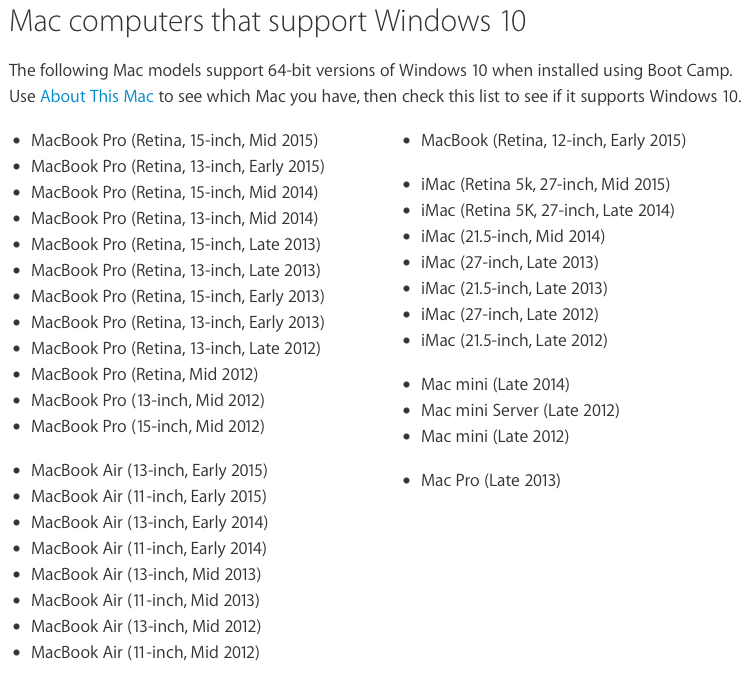 รายชื่อ Mac ที่รองรับการติดตั้ง Windows 10