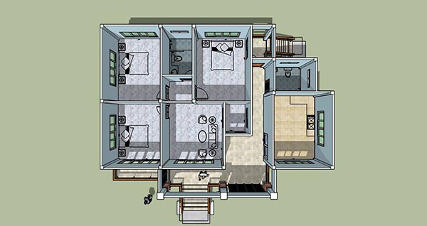 แบบบ้านชั้นเดียว 3 ห้องนอน 2 ห้องน้ำ