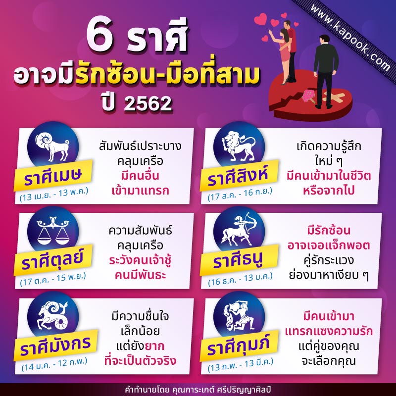 ดูดวงความรัก 6 ราศีต้องระวัง อาจเจอรักซ้อน-มือที่สาม ในปี 2562