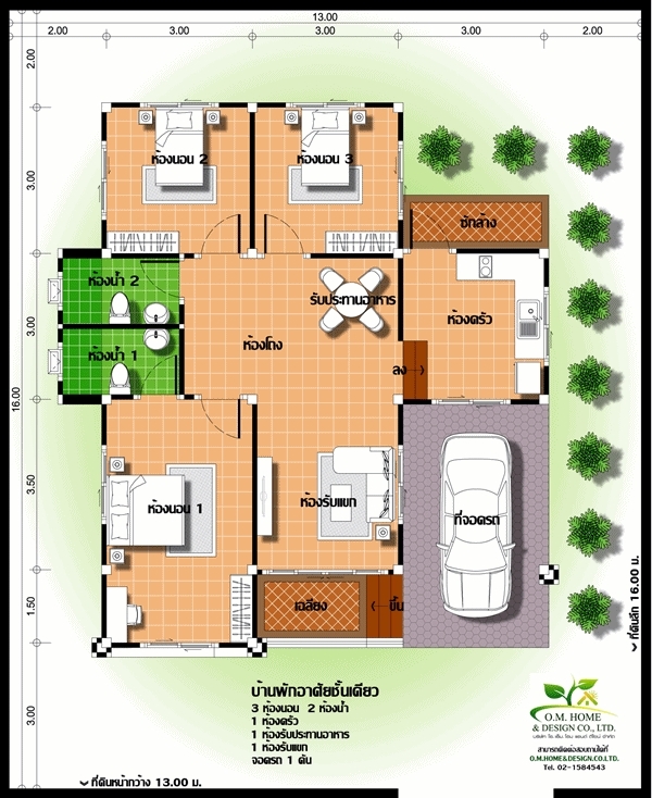 15 แบบบ้านชั้นเดียว 3 ห้องนอน 2 ห้องน้ำ