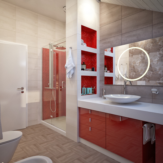 ห้องน้ำทรงสี่เหลี่ยมผืนผ้า แต่งด้วยสีแดงสดใส
