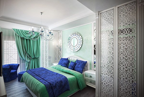 แบบห้องนอนสีเขียว-น้ำเงิน แต่งกระจกฉลุลาย