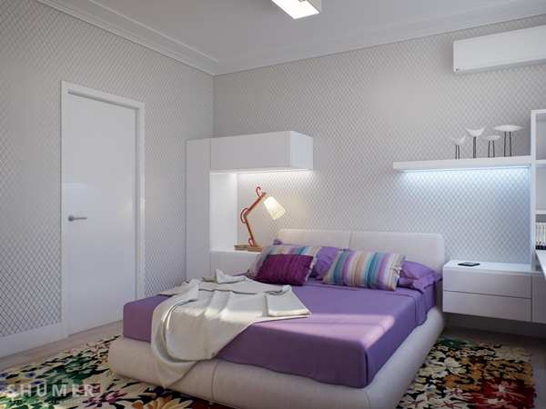 ห้องนอนสีม่วงขาว สไตล์โมเดิร์น น่ารัก ๆ