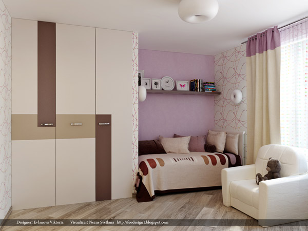 ห้องนอนเด็กสีม่วงสดใส กับพื้นไม้แนวทแยง