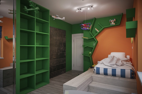 ห้องนอนเด็กสีส้ม-เขียว เตียงบันไดเล่นระดับ