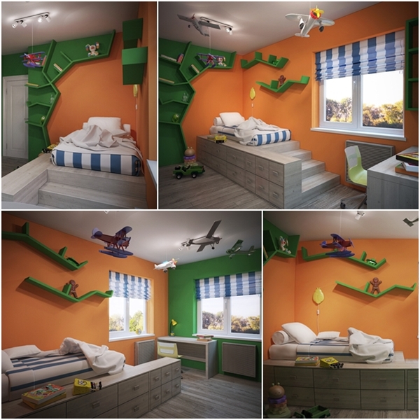 ห้องนอนเด็กสีส้ม-เขียว เตียงบันไดเล่นระดับ