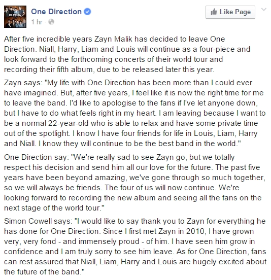 Zayn Malik ออกจากวง One Direction