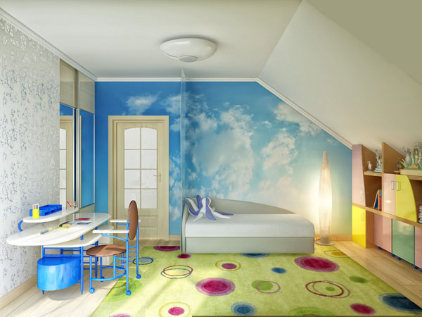  แบบห้องนอนเด็กสีสดใส กับผนังลายท้องฟ้า