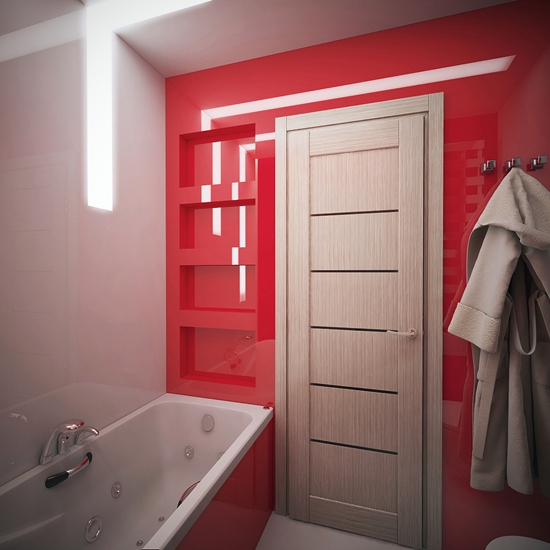 แต่งห้องน้ำขนาดเล็กสีแดง ถึงแคบก็ใช้งานได้สบาย