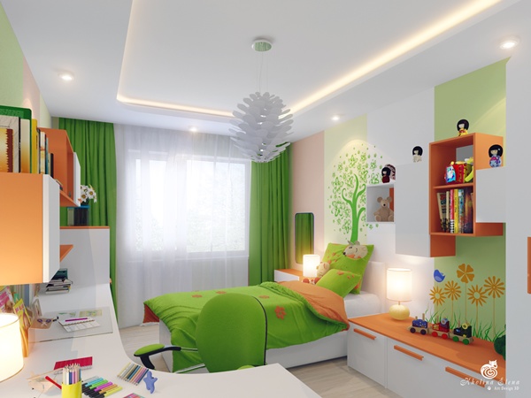 แบบห้องนอนเด็ก ห้องนอนเด็กสีเขียว-ส้ม 
