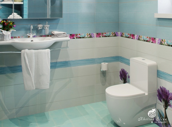แบบห้องน้ำขนาดเล็ก ห้องน้ำสีฟ้า ลายดอกไม้บานสะพรั่ง