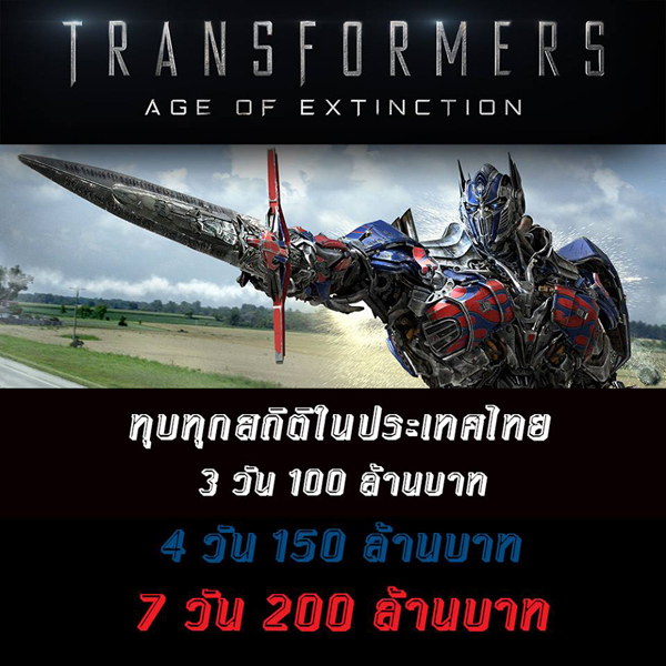 ทุบทุกสถิติ ! ทรานส์ฟอร์เมอร์ส 4 กวาด 100 ล้านบาท 